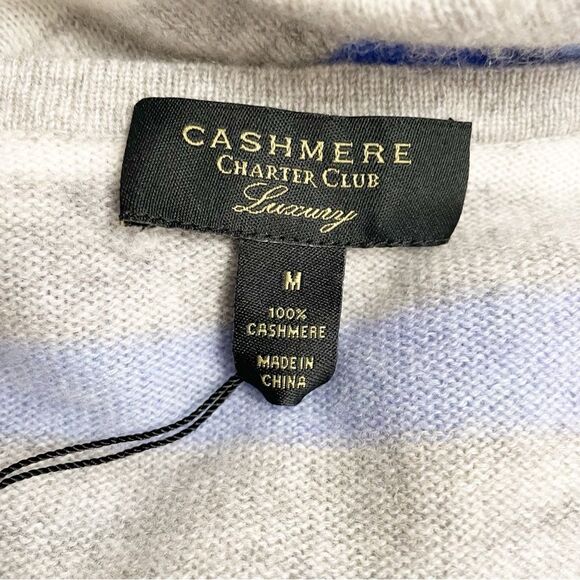NWT Charter Club 100% Cashmere Sweater Blue & Gray Striped Pullover Size Medium - Picture 9 of 15